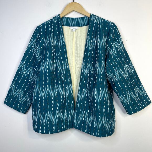 J.Jill Pure Jill Kantha Stitched Ikat Open Quilted Embroidered Jacket Teal M - Picture 3 of 15
